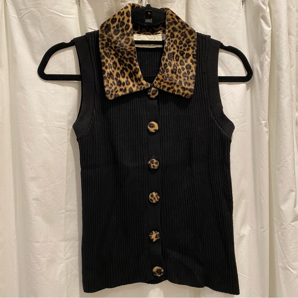 CACHE Black Sleeveless Sweater Top with Faux Fur Leopard Print Details Size S
